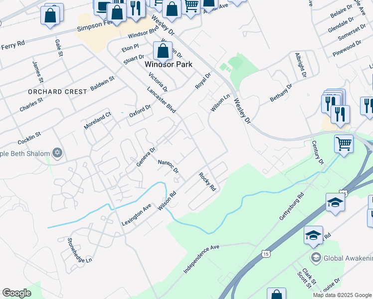 map of restaurants, bars, coffee shops, grocery stores, and more near 1072 Lancaster Boulevard in Mechanicsburg
