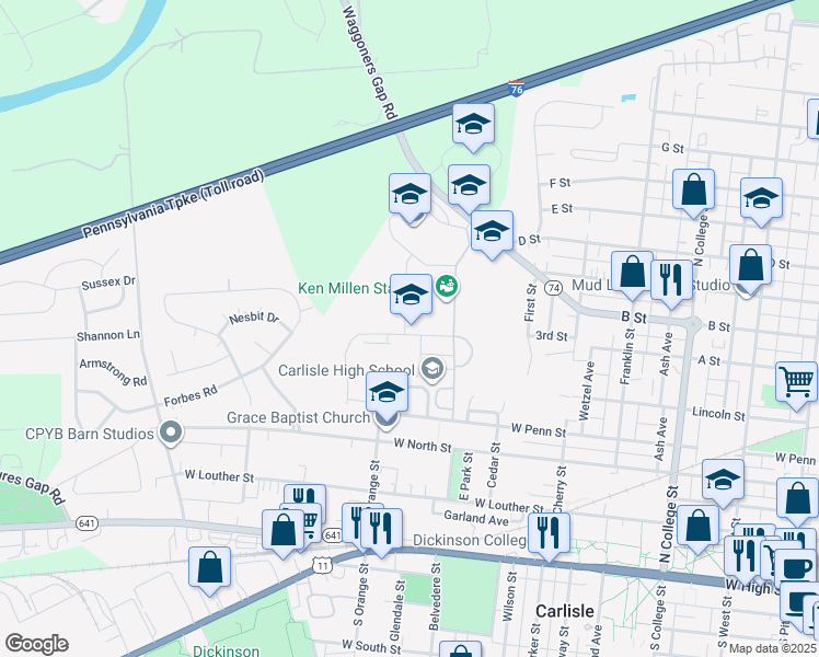 map of restaurants, bars, coffee shops, grocery stores, and more near 623 West Penn Street in Carlisle