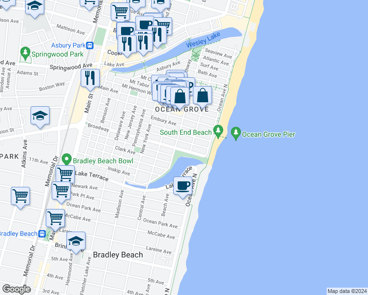 map of restaurants, bars, coffee shops, grocery stores, and more near 40 Broadway in Neptune Township