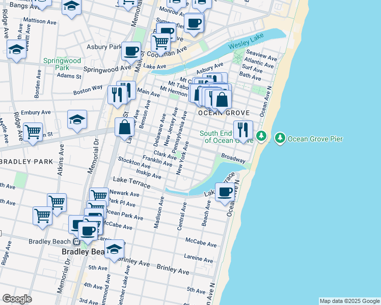 map of restaurants, bars, coffee shops, grocery stores, and more near 78 Clark Avenue in Neptune Township