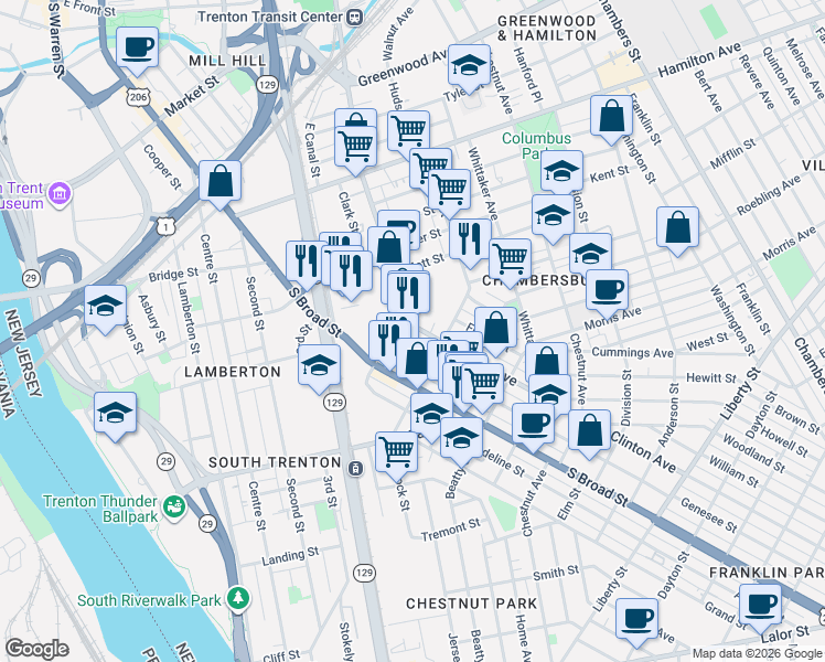 map of restaurants, bars, coffee shops, grocery stores, and more near 102 Genesee Street in Trenton
