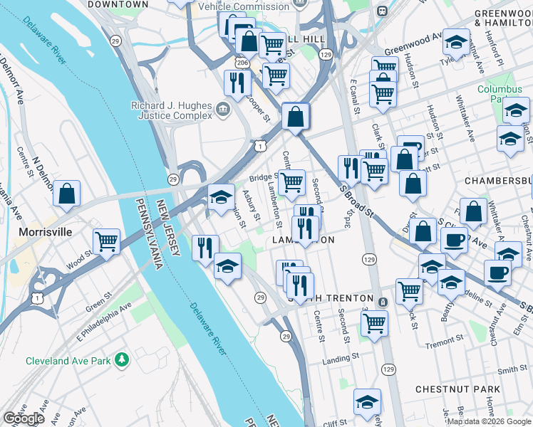 map of restaurants, bars, coffee shops, grocery stores, and more near 100 Asbury Street in Trenton
