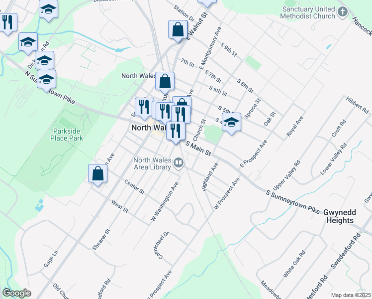 map of restaurants, bars, coffee shops, grocery stores, and more near 219 South Pennsylvania Avenue in North Wales