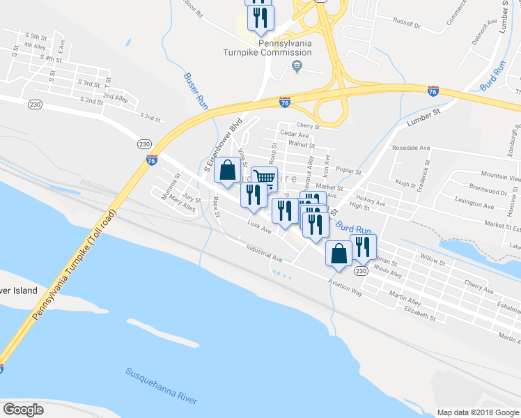 map of restaurants, bars, coffee shops, grocery stores, and more near 205 Pennsylvania 230 in Highspire