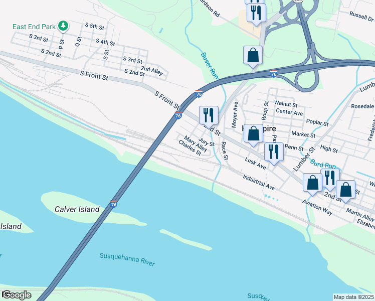 map of restaurants, bars, coffee shops, grocery stores, and more near 39 Charles Street in Highspire