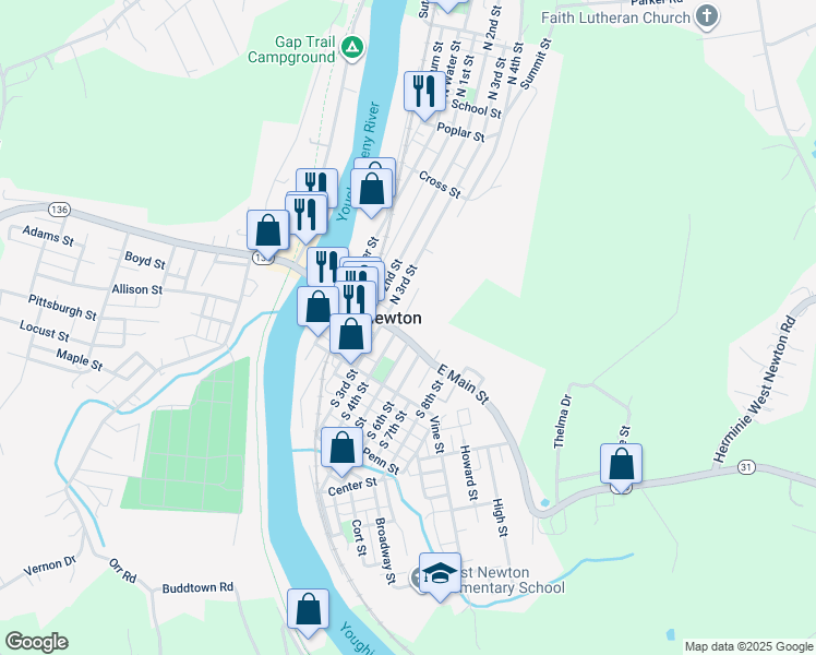 map of restaurants, bars, coffee shops, grocery stores, and more near 404 East Main Street in West Newton