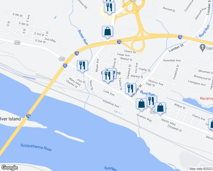 map of restaurants, bars, coffee shops, grocery stores, and more near 200 2nd Street in Highspire