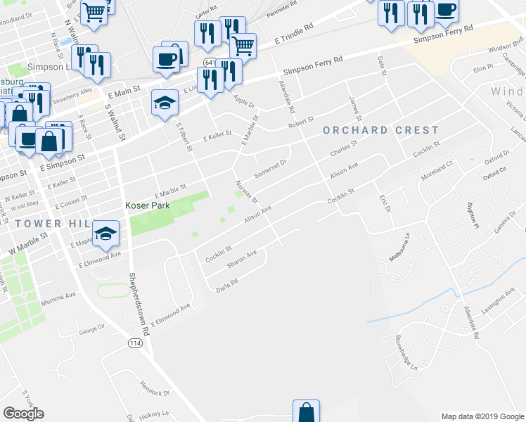 map of restaurants, bars, coffee shops, grocery stores, and more near 598 Alison Avenue in Mechanicsburg