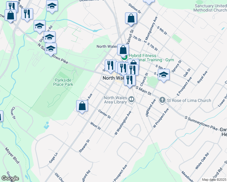 map of restaurants, bars, coffee shops, grocery stores, and more near 113 South Pennsylvania Avenue in North Wales