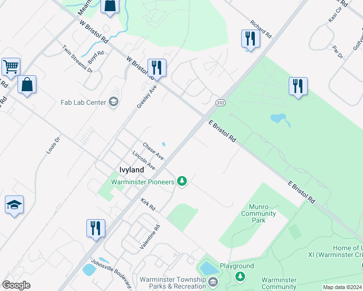 map of restaurants, bars, coffee shops, grocery stores, and more near 1218 Jacksonville Road in Ivyland