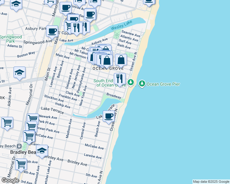 map of restaurants, bars, coffee shops, grocery stores, and more near 13 Broadway in Neptune Township