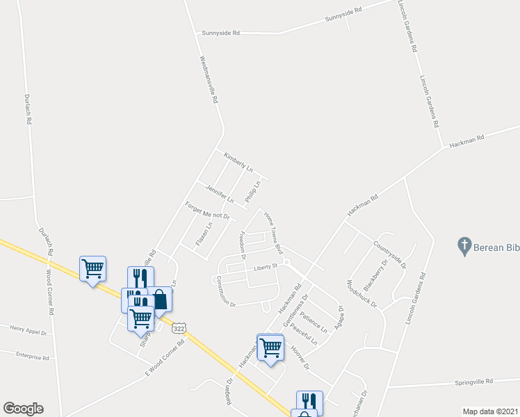 map of restaurants, bars, coffee shops, grocery stores, and more near 345 Home Towne Boulevard in Ephrata