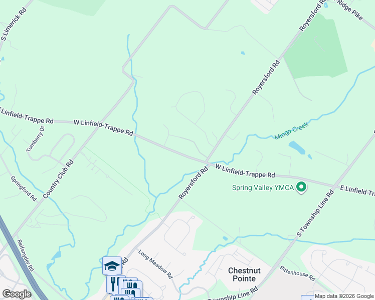 map of restaurants, bars, coffee shops, grocery stores, and more near 142 West Linfield-Trappe Road in Royersford