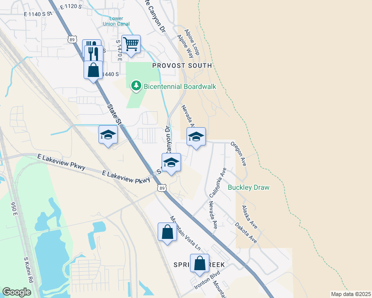map of restaurants, bars, coffee shops, grocery stores, and more near 1778 South Buckley Lane in Provo