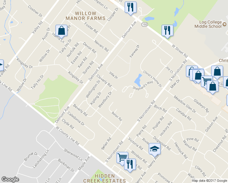 map of restaurants, bars, coffee shops, grocery stores, and more near 257 Westbury Drive in Warminster