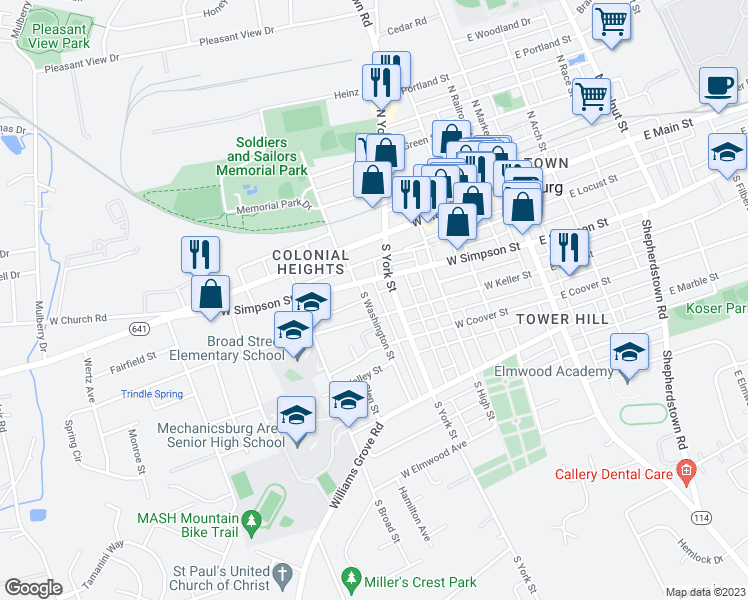 map of restaurants, bars, coffee shops, grocery stores, and more near 113 South Washington Street in Mechanicsburg