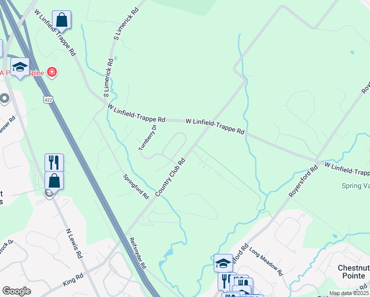 map of restaurants, bars, coffee shops, grocery stores, and more near 171 Wentworth Circle in Royersford