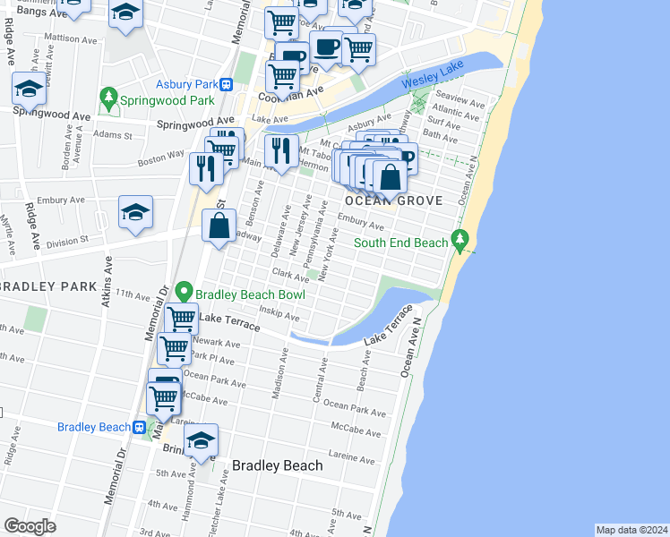 map of restaurants, bars, coffee shops, grocery stores, and more near 73 Cookman Avenue in Monmouth County