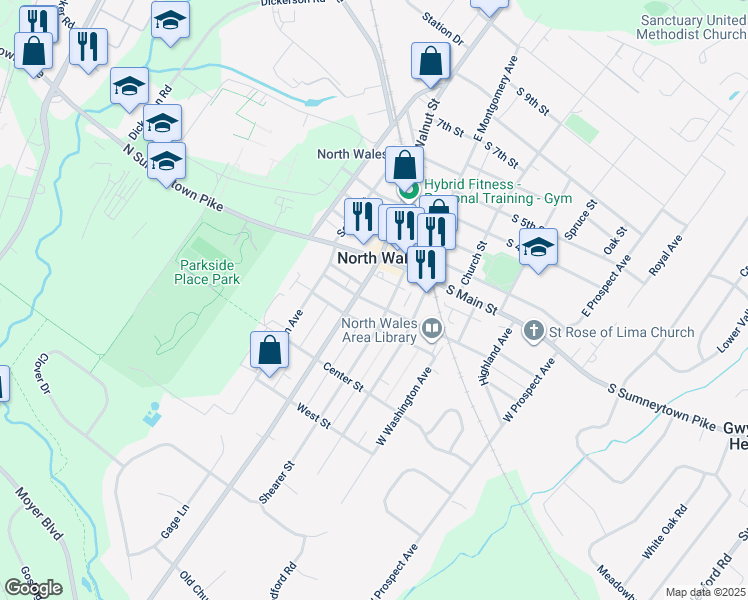 map of restaurants, bars, coffee shops, grocery stores, and more near 113 South Pennsylvania Avenue in North Wales