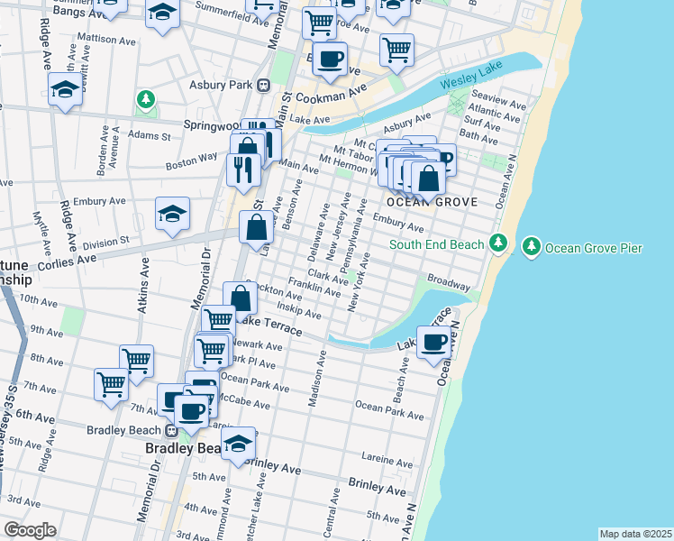 map of restaurants, bars, coffee shops, grocery stores, and more near 96 Cookman Avenue in Monmouth County