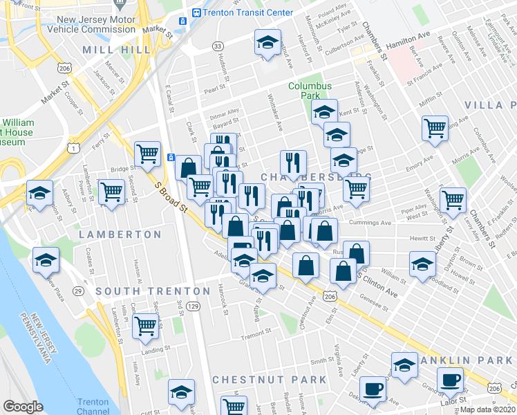 map of restaurants, bars, coffee shops, grocery stores, and more near 97 Fulton Street in Trenton