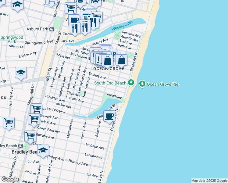 map of restaurants, bars, coffee shops, grocery stores, and more near 18 Abbott Avenue in Neptune Township