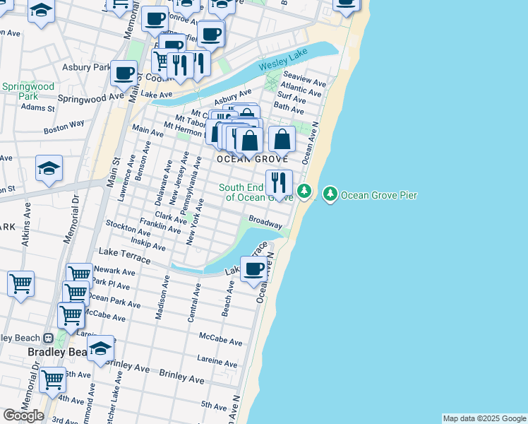 map of restaurants, bars, coffee shops, grocery stores, and more near 13 Broadway in Neptune Township