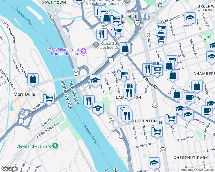 map of restaurants, bars, coffee shops, grocery stores, and more near 100 Asbury Street in Trenton
