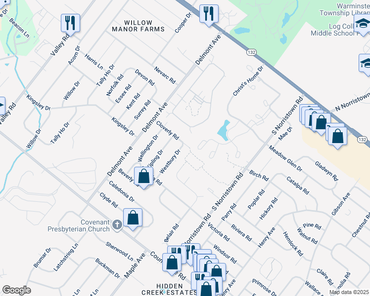 map of restaurants, bars, coffee shops, grocery stores, and more near 257 Westbury Drive in Warminster