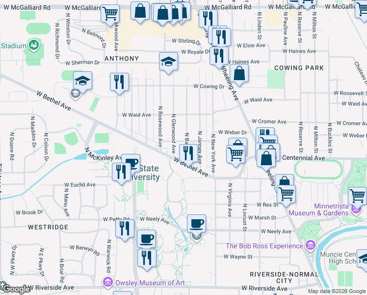 map of restaurants, bars, coffee shops, grocery stores, and more near 1510 West Bethel Avenue in Muncie