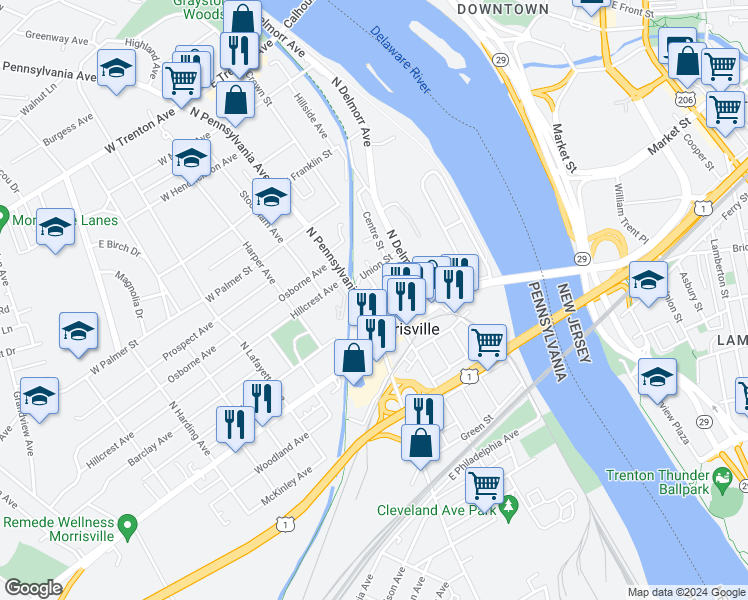 map of restaurants, bars, coffee shops, grocery stores, and more near 62 North Pennsylvania Avenue in Morrisville