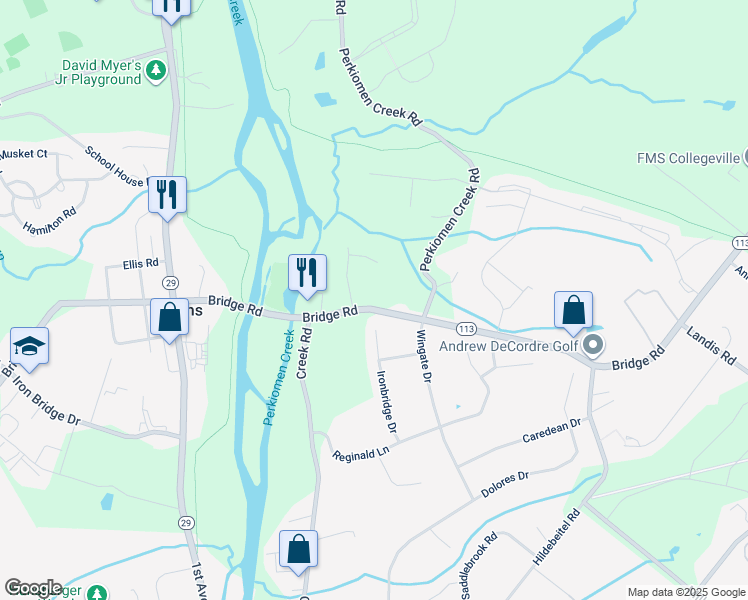 map of restaurants, bars, coffee shops, grocery stores, and more near 547 Bridge Road in Collegeville