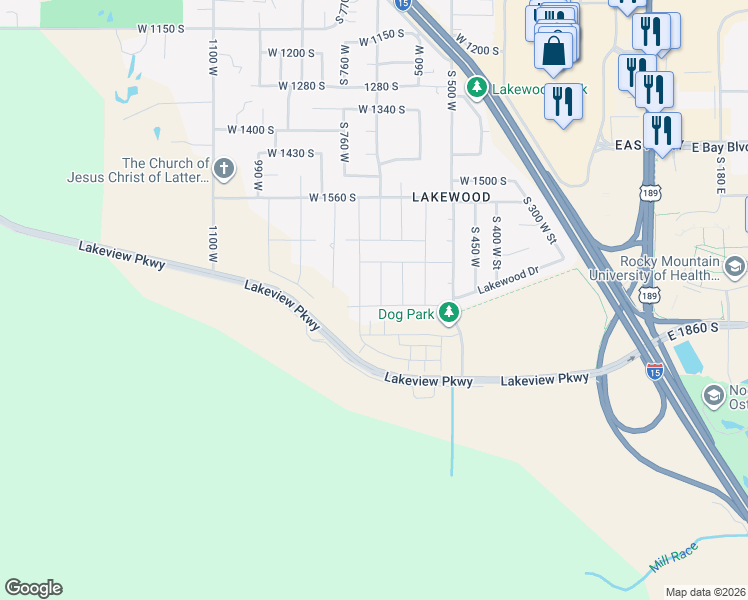 map of restaurants, bars, coffee shops, grocery stores, and more near 675 West 1820 South Street in Provo