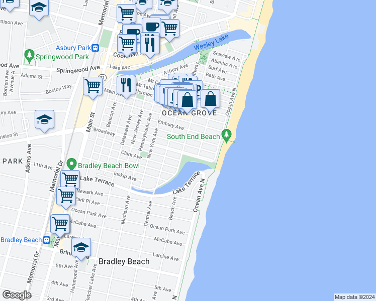 map of restaurants, bars, coffee shops, grocery stores, and more near 40 Broadway in Neptune Township