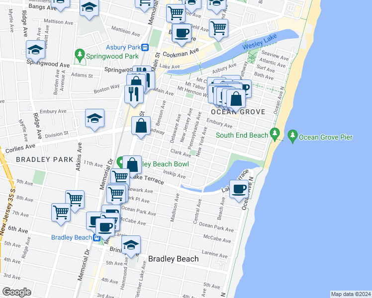 map of restaurants, bars, coffee shops, grocery stores, and more near 99 Franklin Avenue in Neptune Township