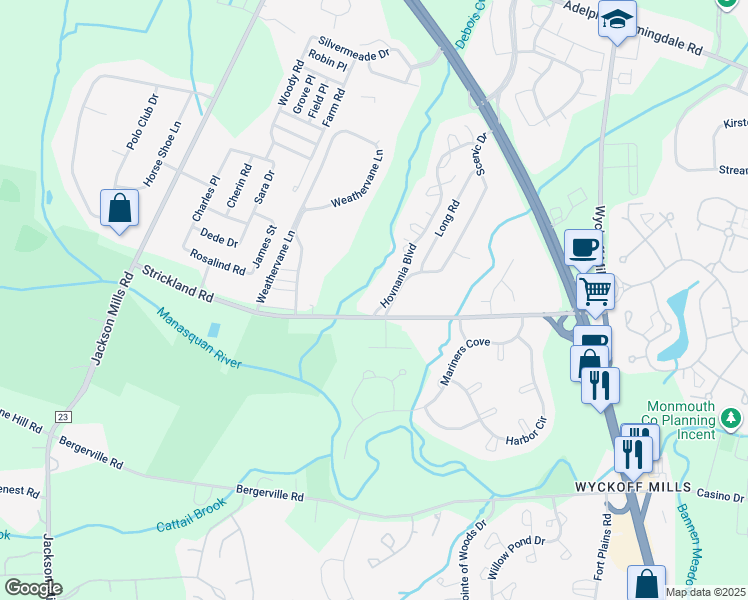 map of restaurants, bars, coffee shops, grocery stores, and more near 41 Strickland Road in Freehold