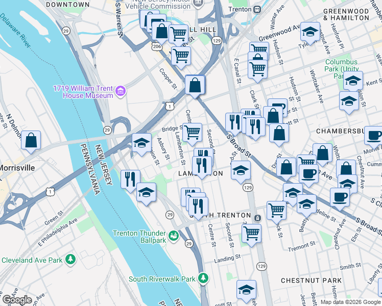 map of restaurants, bars, coffee shops, grocery stores, and more near 63 Hills Place in Trenton