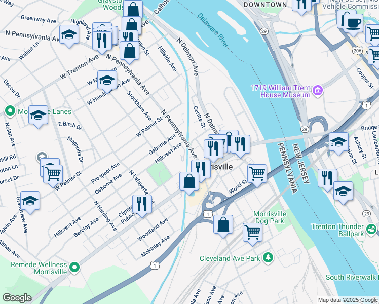 map of restaurants, bars, coffee shops, grocery stores, and more near 55 North Pennsylvania Avenue in Morrisville