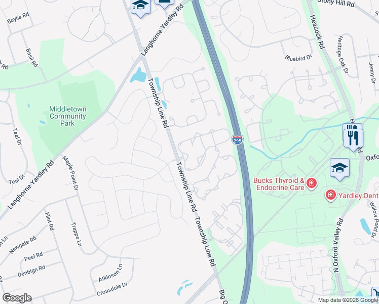 map of restaurants, bars, coffee shops, grocery stores, and more near 4003 Sterling Road in Yardley