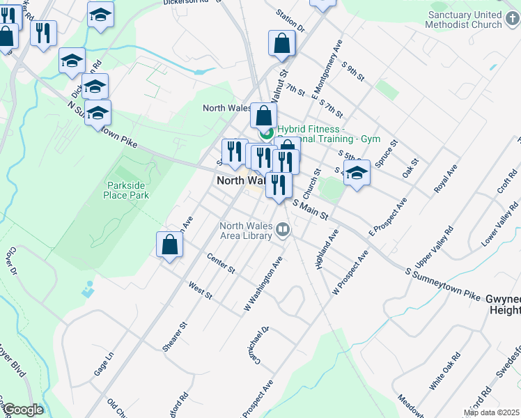 map of restaurants, bars, coffee shops, grocery stores, and more near 205 South Pennsylvania Avenue in North Wales