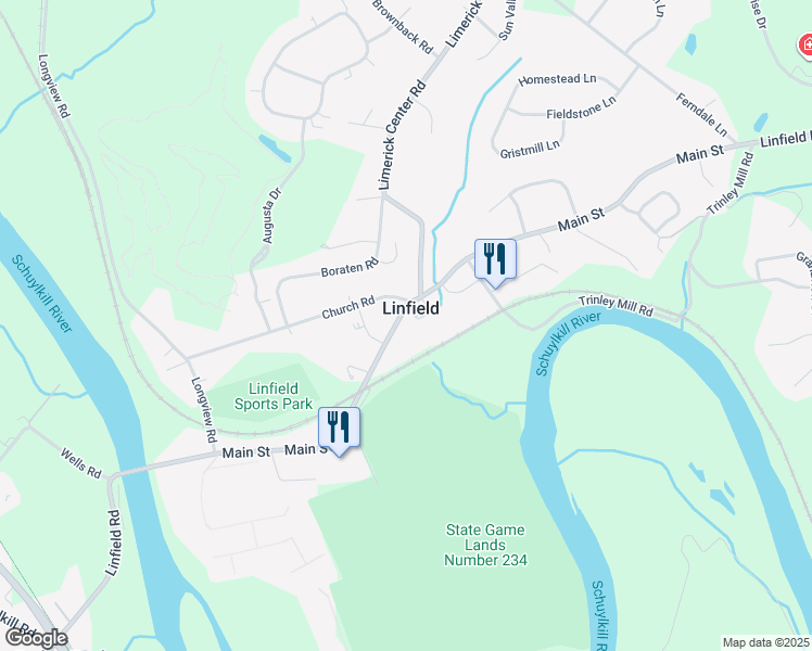 map of restaurants, bars, coffee shops, grocery stores, and more near 22-41 Main Street in Linfield