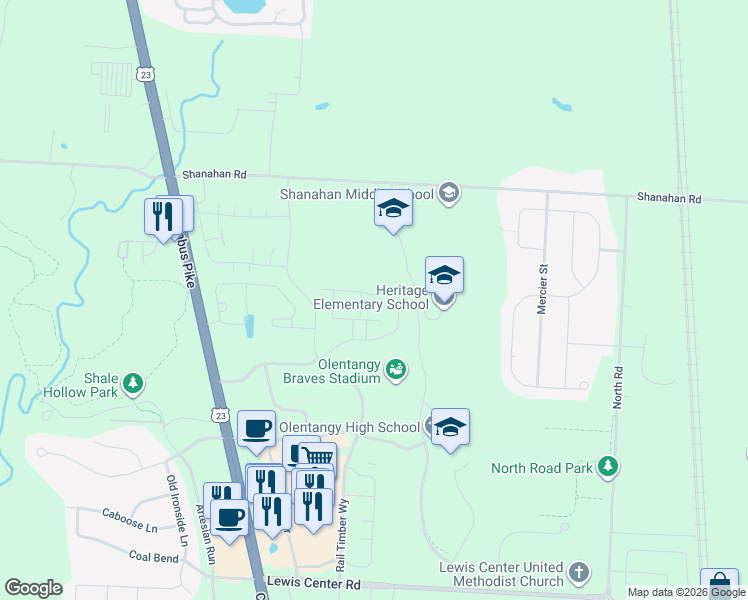 map of restaurants, bars, coffee shops, grocery stores, and more near 745 Redwood Lane in Lewis Center