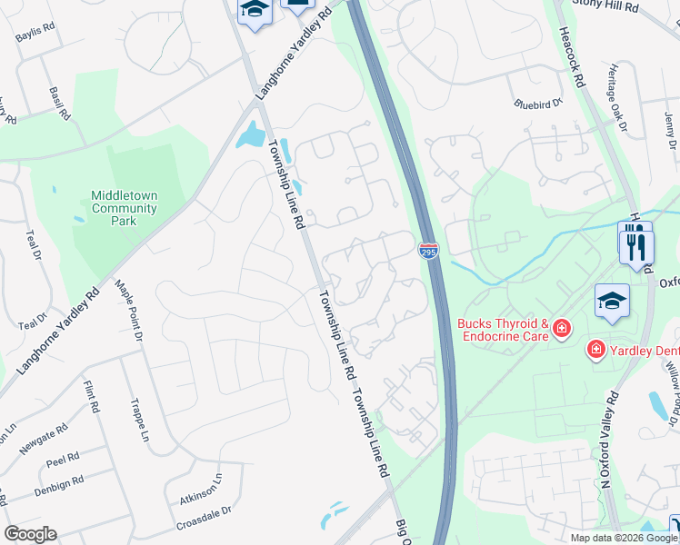 map of restaurants, bars, coffee shops, grocery stores, and more near 4003 Sterling Road in Yardley