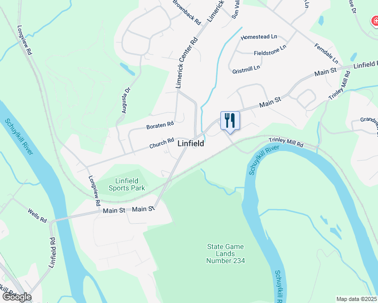 map of restaurants, bars, coffee shops, grocery stores, and more near 1169 Main Street in Royersford