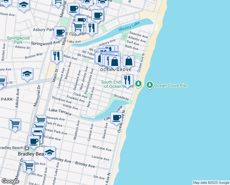 map of restaurants, bars, coffee shops, grocery stores, and more near 40 Broadway in Neptune Township