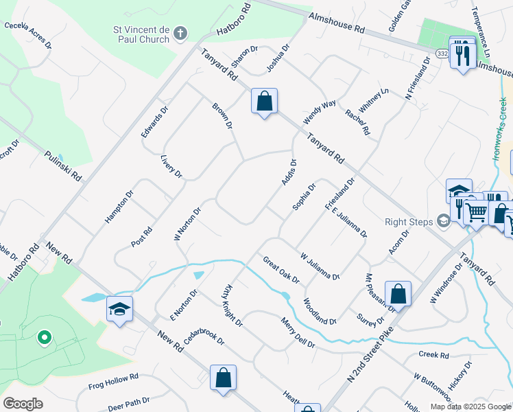 map of restaurants, bars, coffee shops, grocery stores, and more near 76 Addis Drive in Southampton