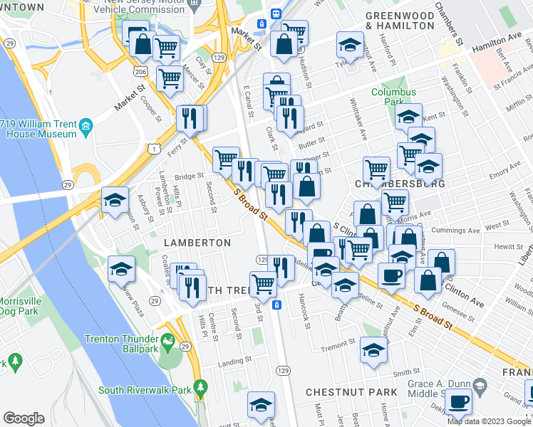 map of restaurants, bars, coffee shops, grocery stores, and more near 61 Elmer Street in Trenton