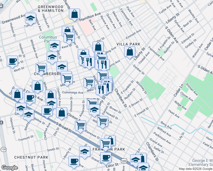 map of restaurants, bars, coffee shops, grocery stores, and more near Franklin Street in Trenton