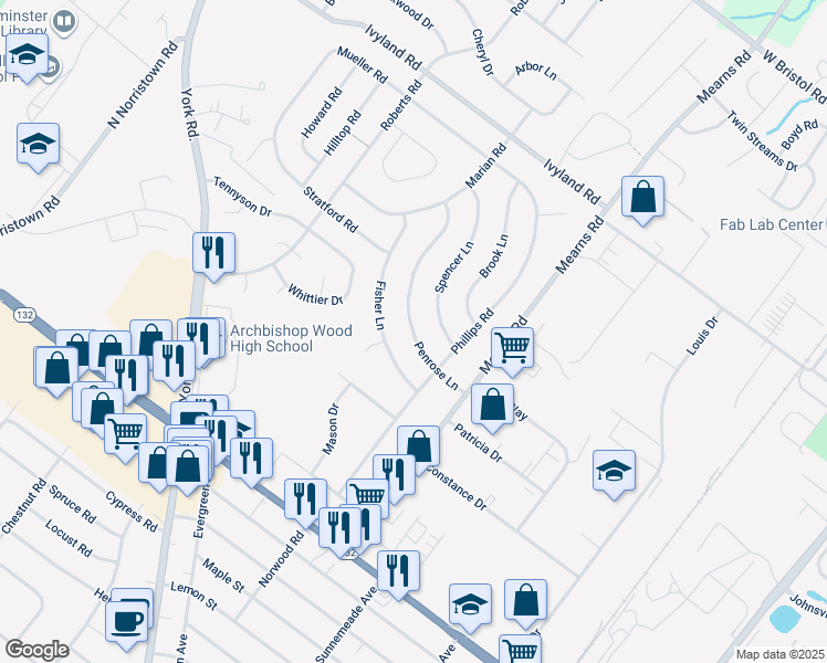 map of restaurants, bars, coffee shops, grocery stores, and more near 513 Penrose Lane in Warminster