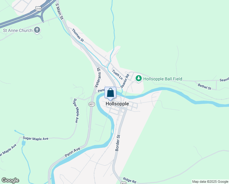 map of restaurants, bars, coffee shops, grocery stores, and more near South Main Street in Hollsopple